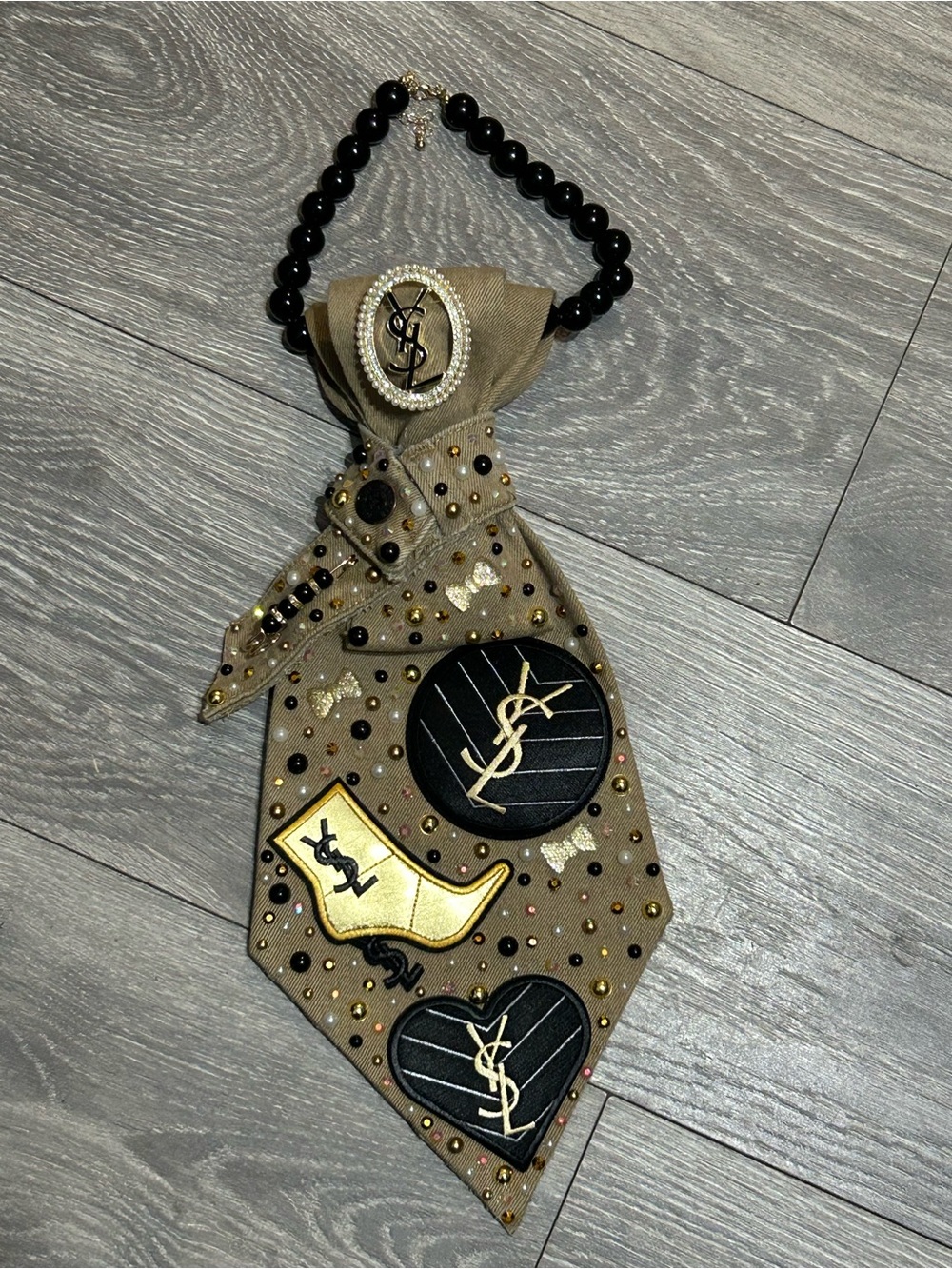 Custom Upcycled Khaki Denim with Gold and Black Embellishments Necktie - Picture 4 of 4